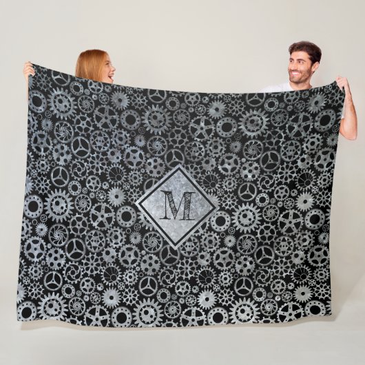 Steampunk Silver Zinc Gears Aangepast monogram II Fleece Deken (In situ)