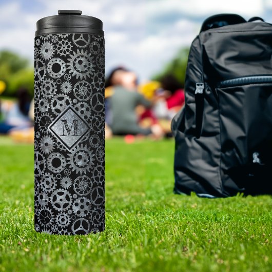 Steampunk Silver Zinc Gears Aangepast monogram Thermosbeker