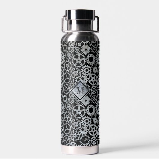 Steampunk Silver Zinc Gears Aangepast monogram Waterfles (Achterkant)