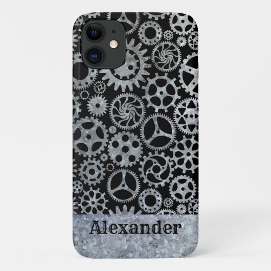 Steampunk Silver Zinc Gears Aangepaste naam Case-Mate iPhone Case (Achterkant)
