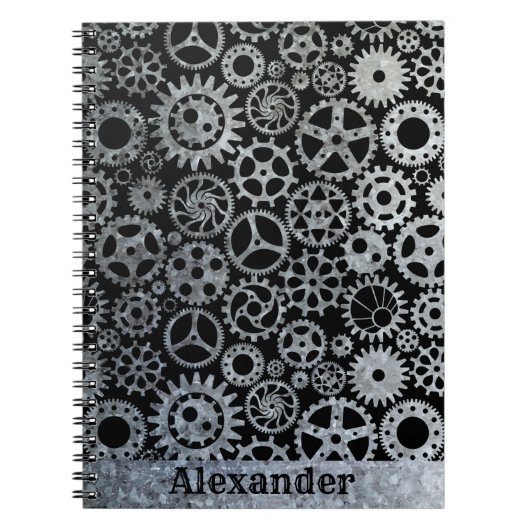 Steampunk Silver Zinc Gears Aangepaste naam Notitieboek (Voorkant)