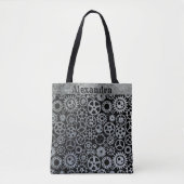 Steampunk Silver Zinc Gears Aangepaste naam Tote Bag (Voorkant)