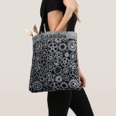 Steampunk Silver Zinc Gears Aangepaste naam Tote Bag (Dichtbij)