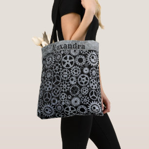 Steampunk Silver Zinc Gears Aangepaste naam Tote Bag