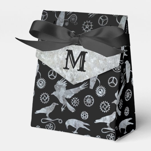 Steampunk Silver Zinc Gears and Crows Monogram Bedankdoosjes (Voorkant Zijde)