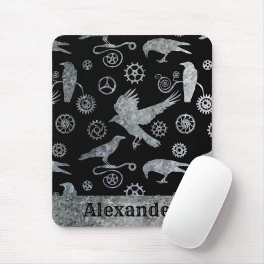 Steampunk Silver Zinc Gears en Crows Custom Name Muismat (Met muis)