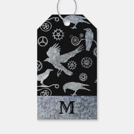 Steampunk Silver Zinc Gears en Crows Monogram Cadeaulabel (Voorkant)