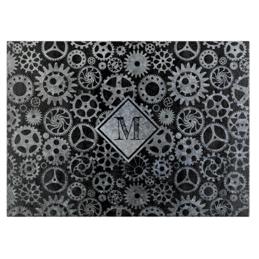 Steampunk Silver Zinc Gears Monogram Snijplank (Voorkant)