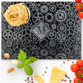 Steampunk Silver Zinc Gears Monogram Snijplank