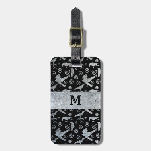 Steampunk Silver Zinc Steel Gears and Crows Bagagelabel (Voorkant verticaal)