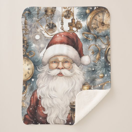 Steampunk Sinterklaas Klok Werk en Sneeuwbomen Sherpa Deken (Voorkant)