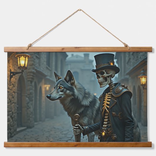 Steampunk Skeleton en Wolf Hangend Wandkleed (Voorkant)