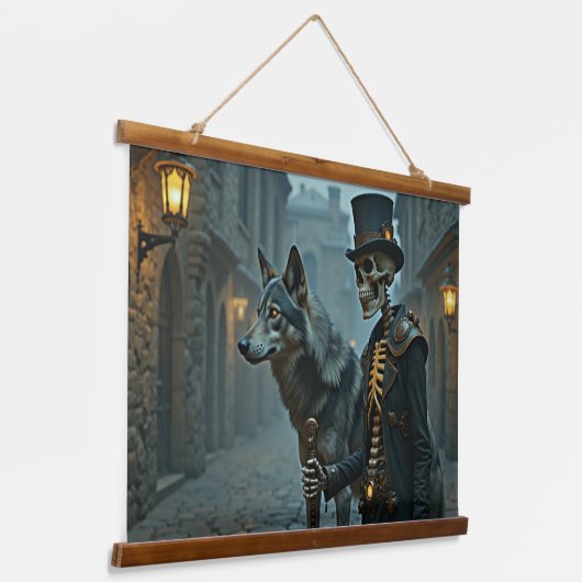 Steampunk Skeleton en Wolf Hangend Wandkleed (Gebogen)