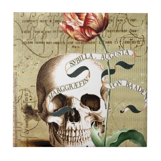 Steampunk Skull Floral die Halloween schrijft Tegeltje (Voorkant)