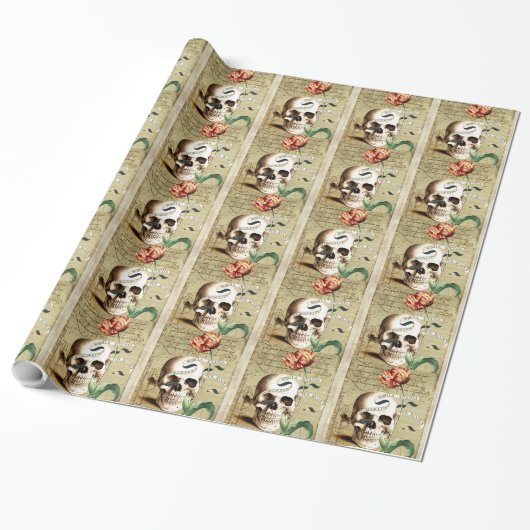 Steampunk Skull Floral Writing Hall inpakpapier (Uitgerold)