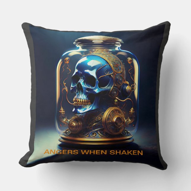 Steampunk Skull in Jar Angers bij het schudden Kussen (Voorkant)