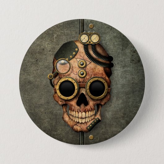 Steampunk Skull met Goggles - Staaleffect Ronde Button 7,6 Cm (Voorkant)