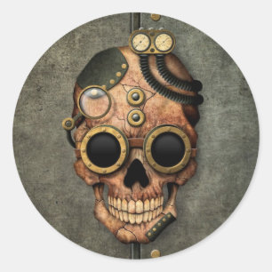 Steampunk Skull met Goggles - Staaleffect Ronde Sticker