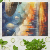 Steampunk Skyline w / Zeppelin keukenhanddoek (Gevouwen)
