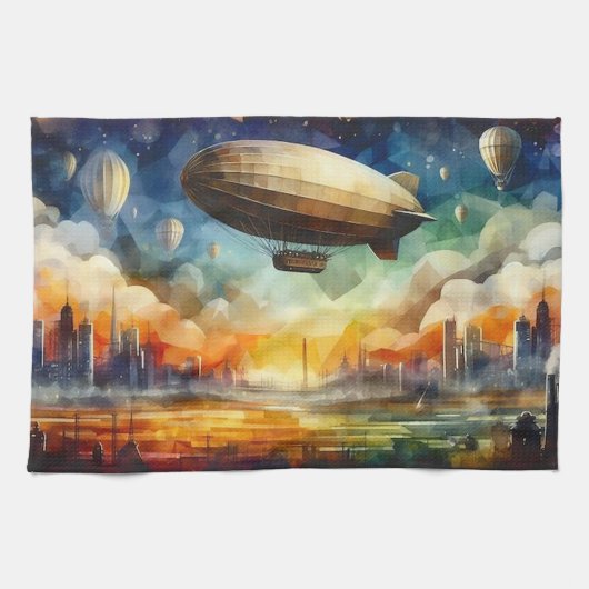 Steampunk Skyline w / Zeppelin keukenhanddoek (Horizontaal)