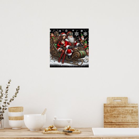 Steampunk slee ~ Kerstman met vrouw en elfen 02 XX Poster (Keuken)