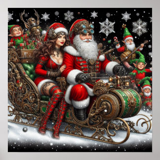 Steampunk slee ~ Kerstman met vrouw en elfen 02 XX Poster