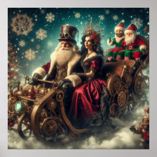 Steampunk slee ~ Kerstman met vrouw en elfen 03 XX Poster