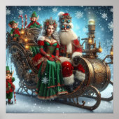 Steampunk slee ~ Kerstman met vrouw en elfen Poster (Voorkant)