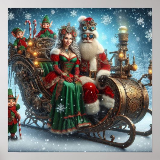 Steampunk slee ~ Kerstman met vrouw en elfen Poster (Voorkant)