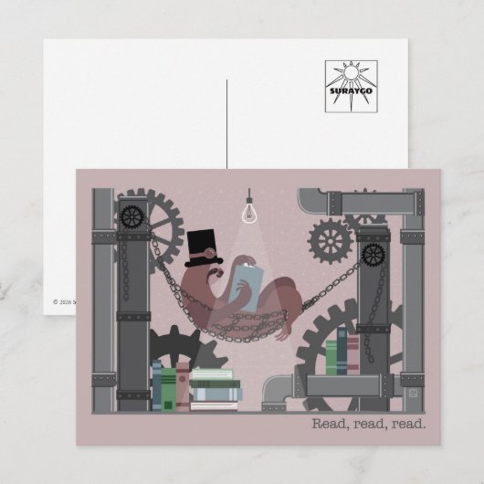 Steampunk Sloth Reading Postcards Feestdagenkaart (Voorkant / Achterkant)