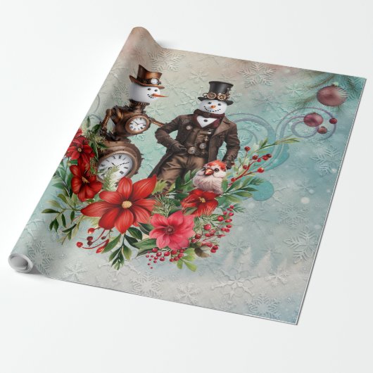 Steampunk sneeuwpop en steampunk sneeuwvrouw cadeaupapier (Uitgerold)