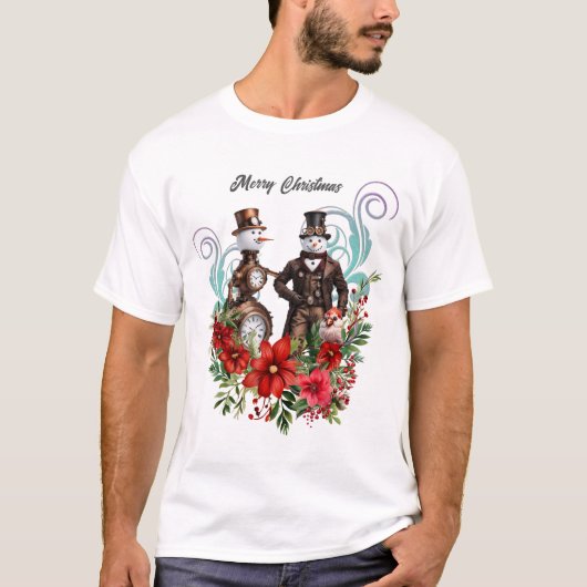Steampunk sneeuwpop en steampunk sneeuwvrouw t-shirt (Voorkant)