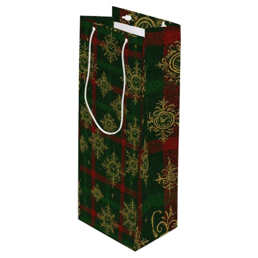 Steampunk Sneeuwvlok Rood en Groene Tartan Wijn Cadeautas (Voorkant Gekanteld)