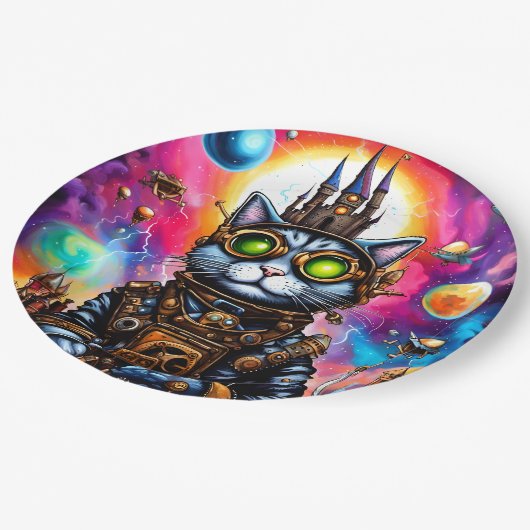 Steampunk Space Cat I Papieren Bordje (Gekanteld)
