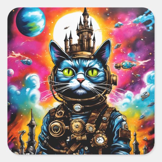Steampunk Space Cat II Vierkante Sticker (Voorkant)