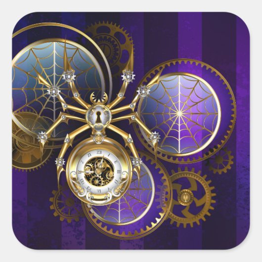 Steampunk Spider op Paarse achtergrond Vierkante Sticker (Voorkant)