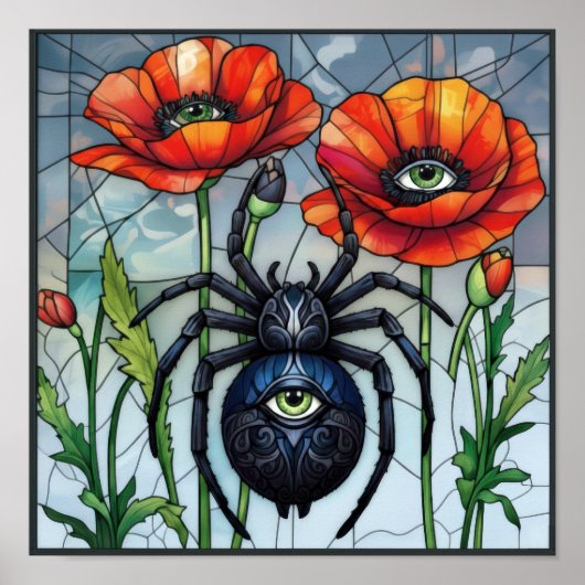 Steampunk Spinne Poppy Bloemen Insect Kunst Poster (Voorkant)