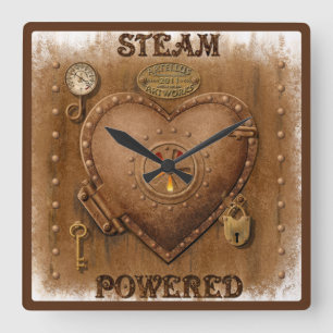 Steampunk Steam Powered Heart Vierkante Klok
