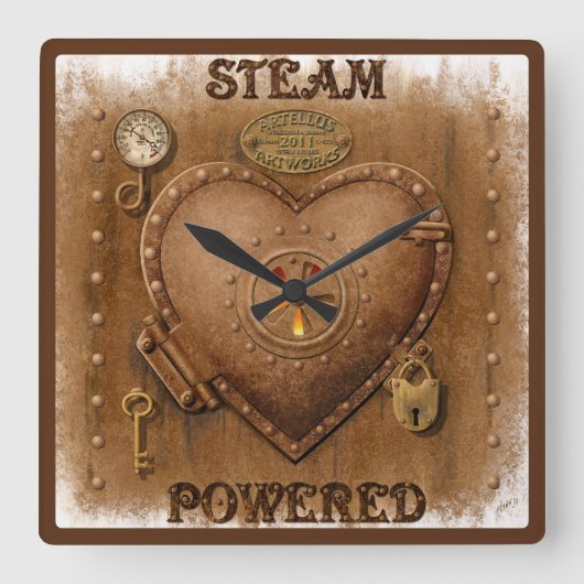 Steampunk Steam Powered Heart Vierkante Klok (Voorkant)