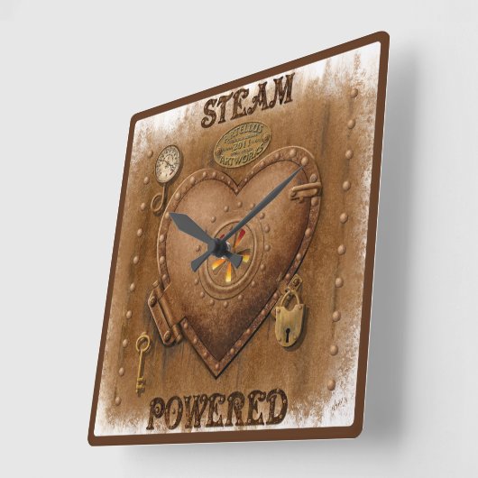 Steampunk Steam Powered Heart Vierkante Klok (Hoek)