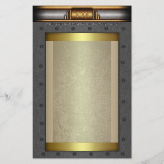 Steampunk steel rivet lijst op goud en messing briefpapier (Voorkant)