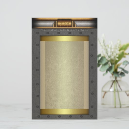 Steampunk steel rivet lijst op goud en messing briefpapier (Staand voorkant)