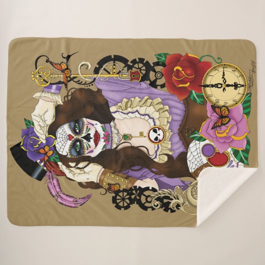 Steampunk Sugar Skull Sherpa Deken (Voorkant (horizontaal))