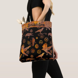 Steampunk Super Colorful Rusty Gears and Crows Tote Bag