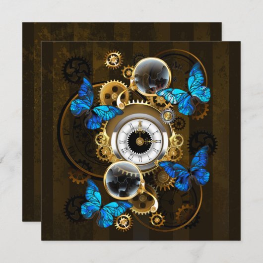 Steampunk tandwielen en blauwe vlinders advieskaart (Voorkant / Achterkant)