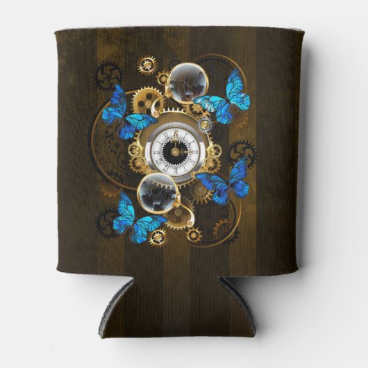 Steampunk tandwielen en blauwe vlinders blikjeskoeler (Voorkant)