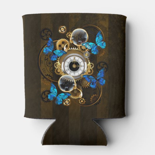 Steampunk tandwielen en blauwe vlinders blikjeskoeler (Achterkant)