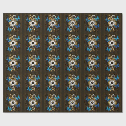 Steampunk tandwielen en blauwe vlinders cadeaupapier (Vlak)