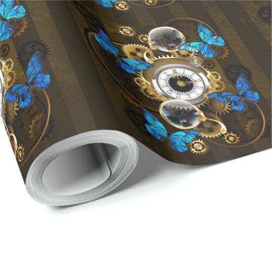 Steampunk tandwielen en blauwe vlinders cadeaupapier (Rol Hoek)
