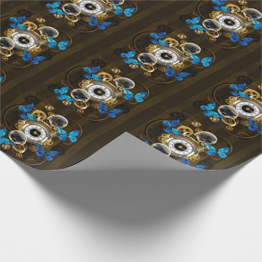 Steampunk tandwielen en blauwe vlinders cadeaupapier (Hoek)